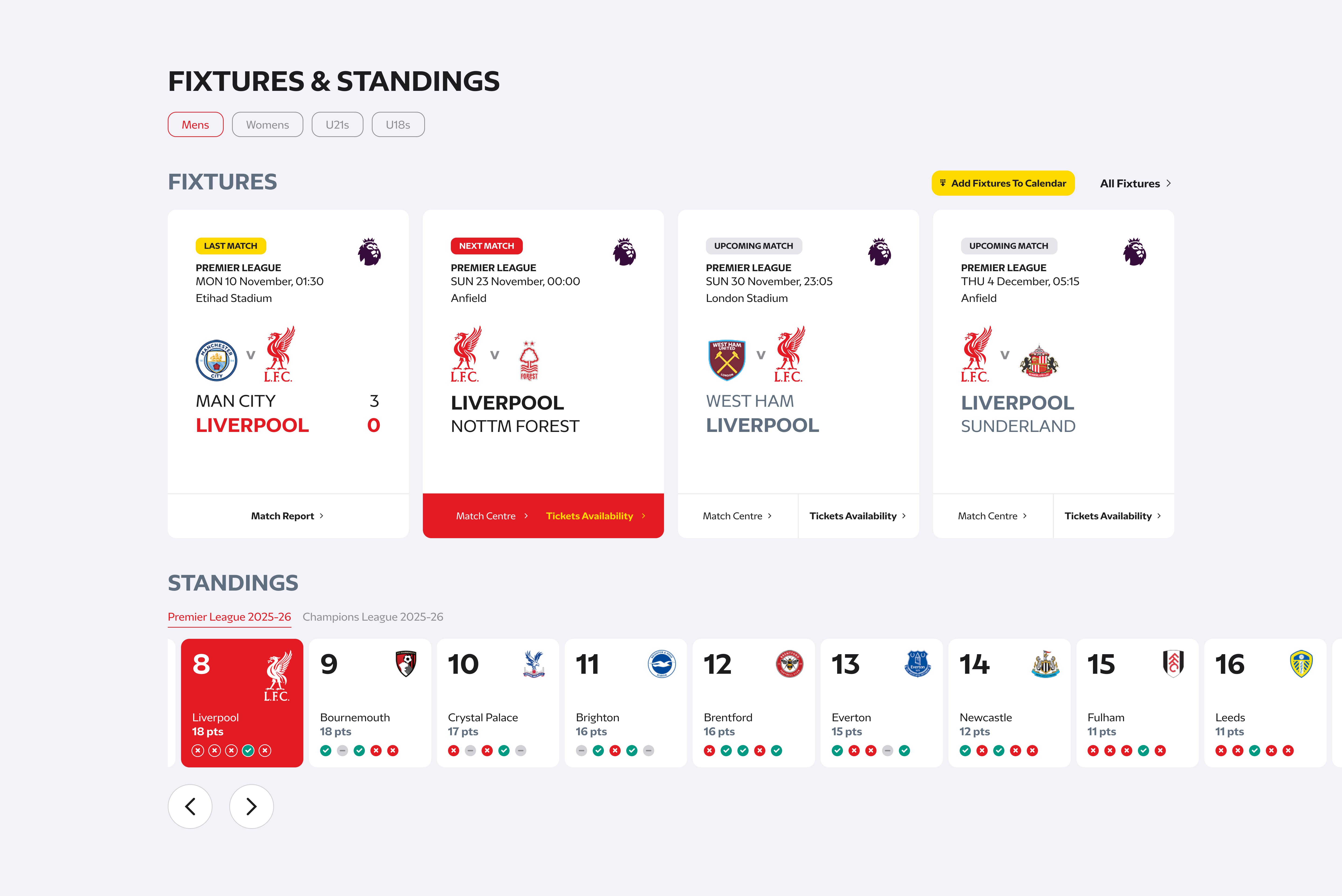 Liverpool FC 리뉴얼 Fixtures & Standings 섹션 최종 디자인